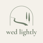 The Wed Lightly logo features two tall stylised trees and a stylised river all contained within an arch and with the words wed lightly below in lower case.