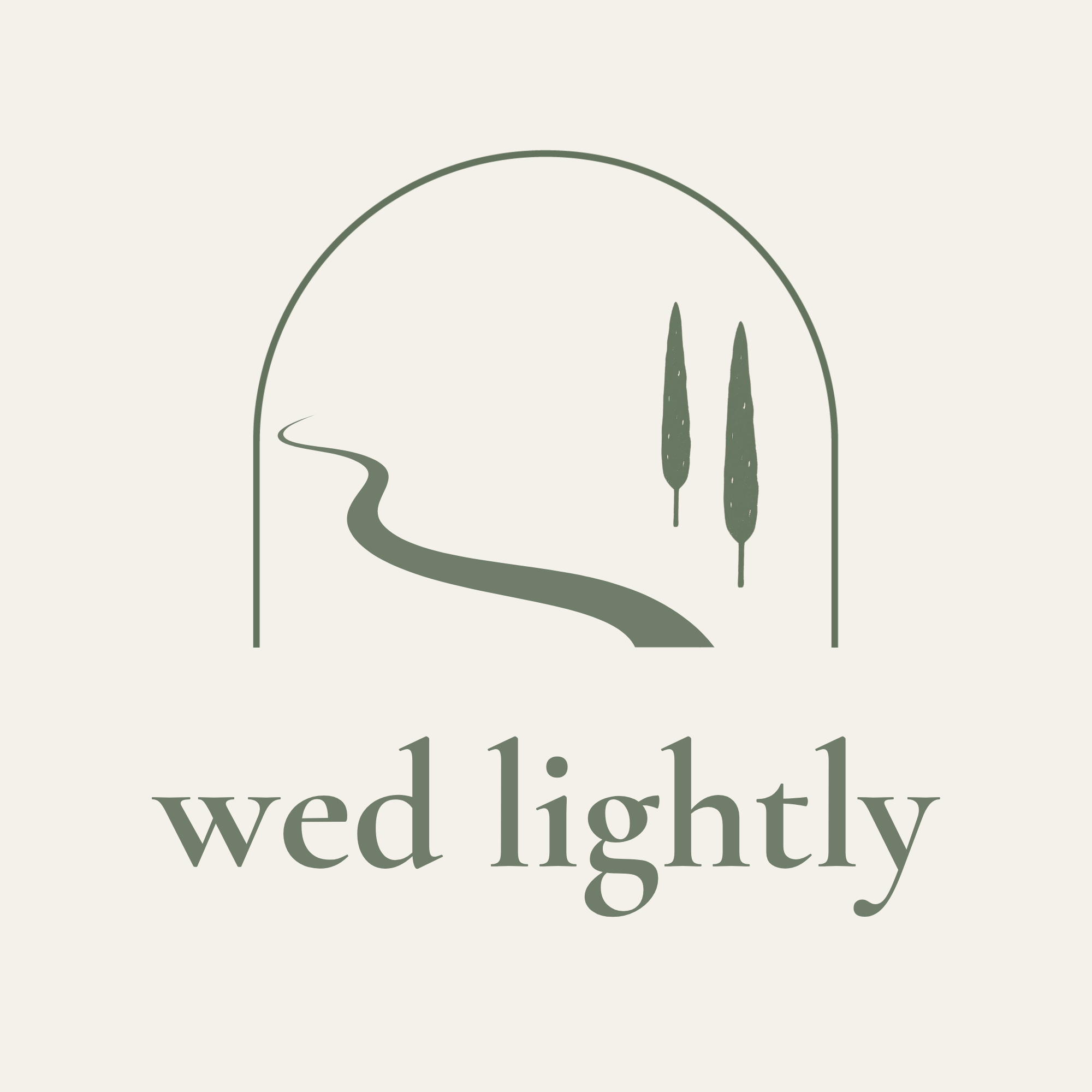 The Wed Lightly logo features two tall stylised trees and a stylised river all contained within an arch and with the words wed lightly below in lower case.